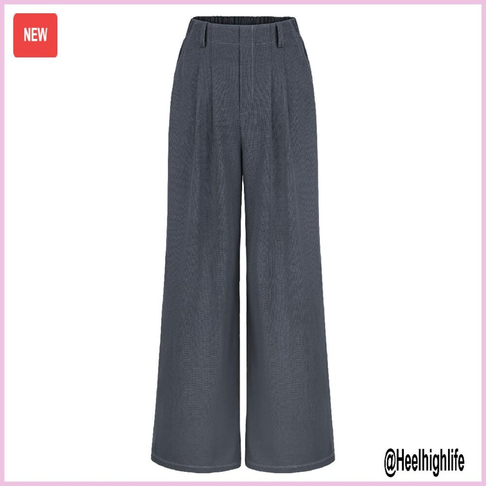 Wide Leg Waffle Knit Pants Elastic High Waist Palazzo Trousers With Pockets